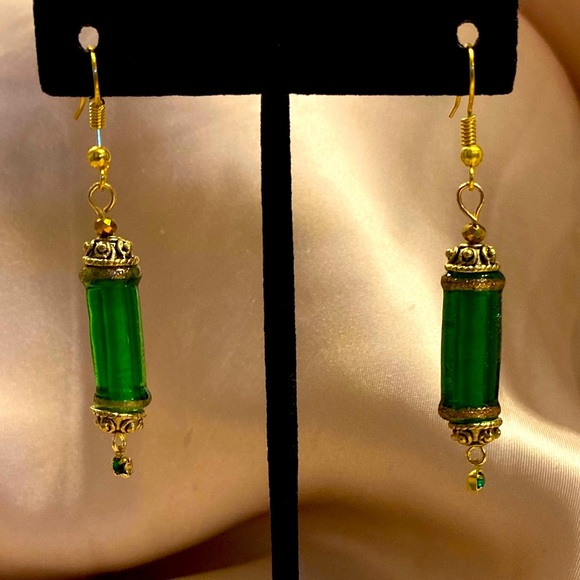 Venetian Glass Earrings - Green & Gold - Picture 2 of 4